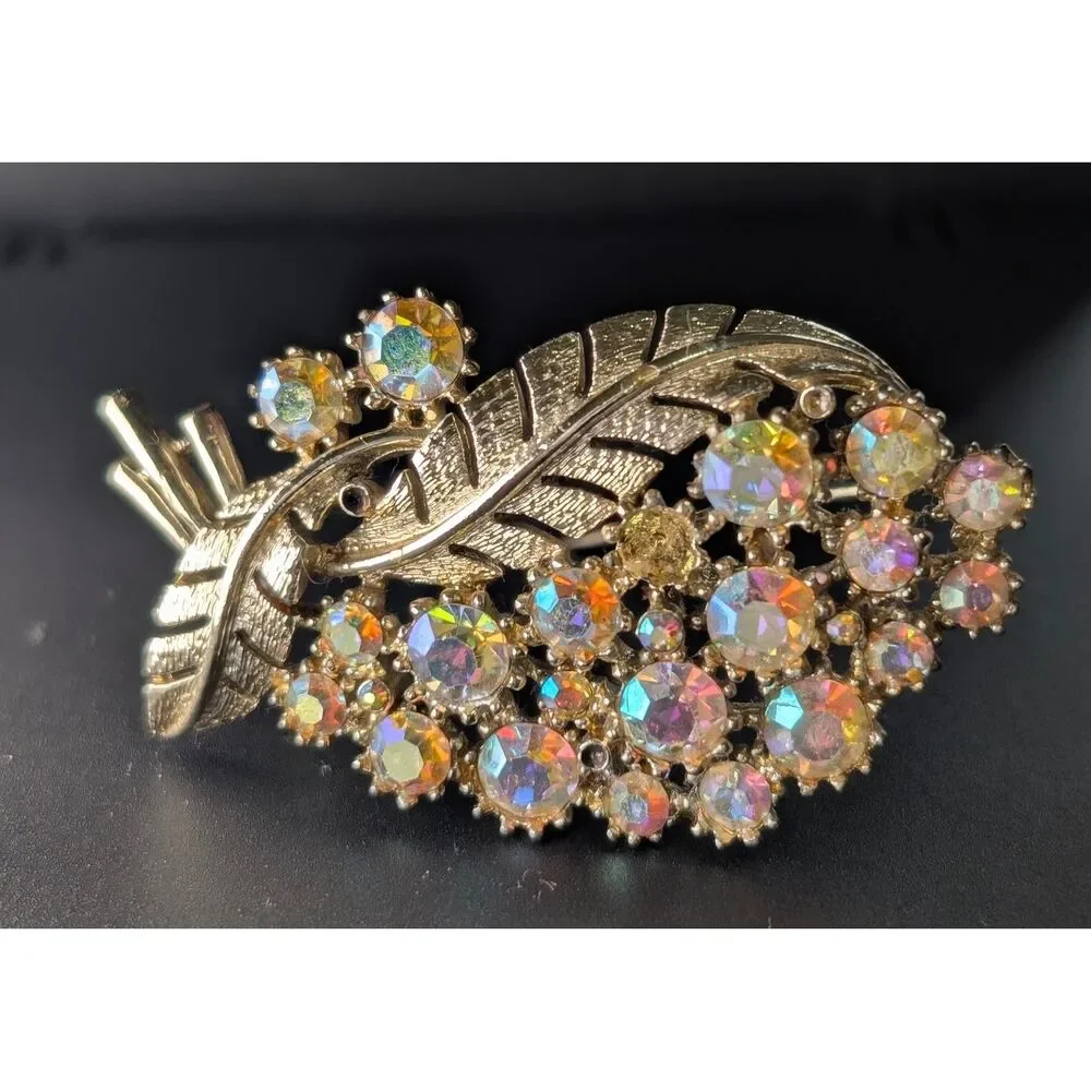 Vintage AB Rhinestone Leaf Brooch Gold Tone Signed C Missing Stones